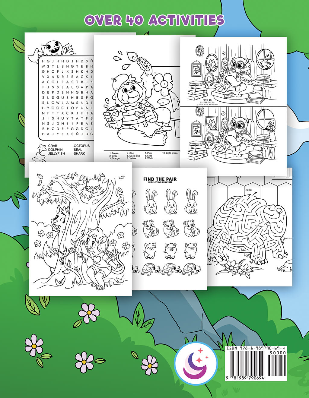 Back cover to Animal activity book featuring sample pages of word search, color by number, spot the difference, maze and coloring page