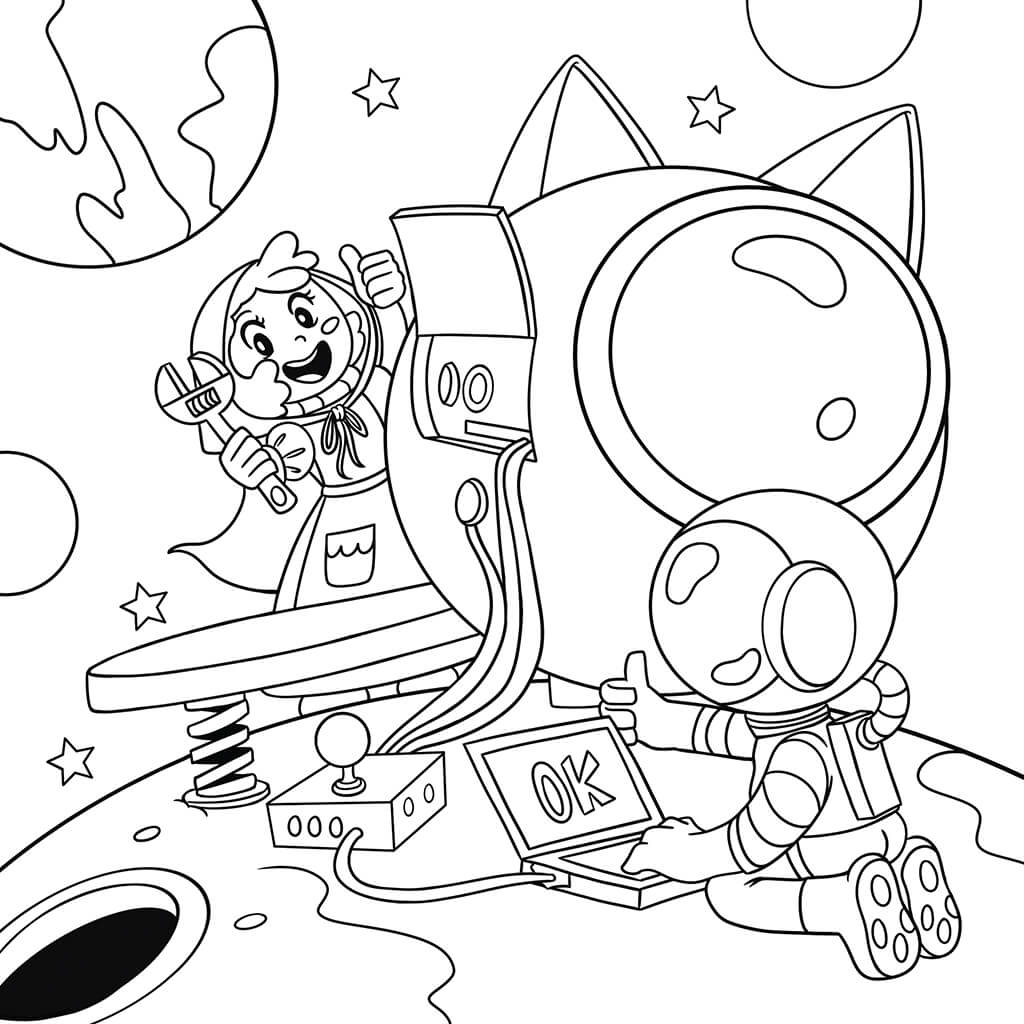 Un astronauta e Cappuccetto Rosso che fingono di lavorare su una navicella spaziale immaginaria durante Halloween.