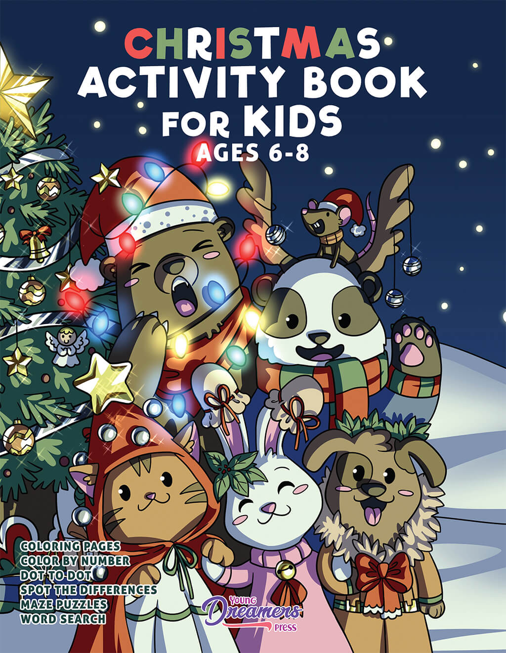 Christmas activity book ages 6-8 book cover featuring woodland animals in Christmas attire along with Xmas tree