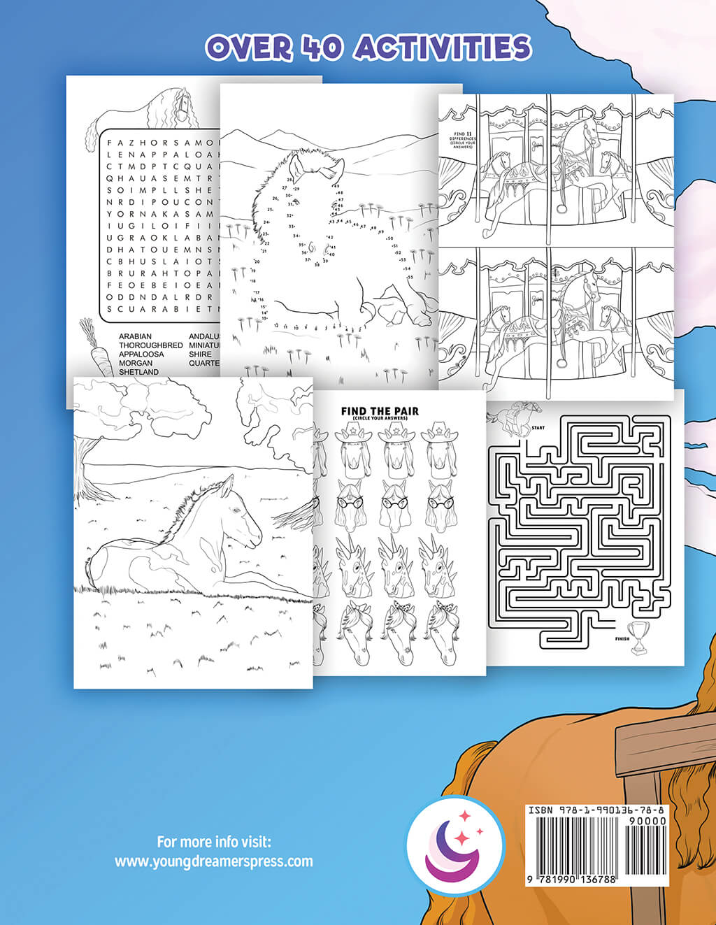 Back cover to Horse activity book showcasing word search, dot to dot, spot the difference, coloring page, and maze