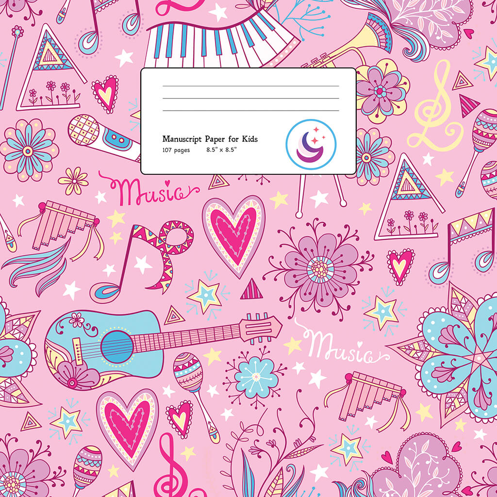 Pink music manuscript notebook cover for kids featuring colorful illustrations of guitars, piano keys, music notes, hearts, stars, and flowers. Label shows 'Manuscript Paper for Kids, 107 pages, 8.5" x 8.5"'.