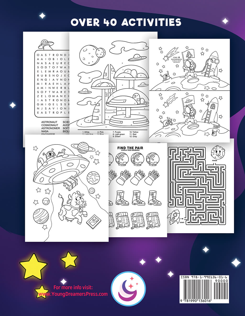 Back cover to Space activity book showcasing sample pages of word search, color by number, spot the difference, coloring page, and maze