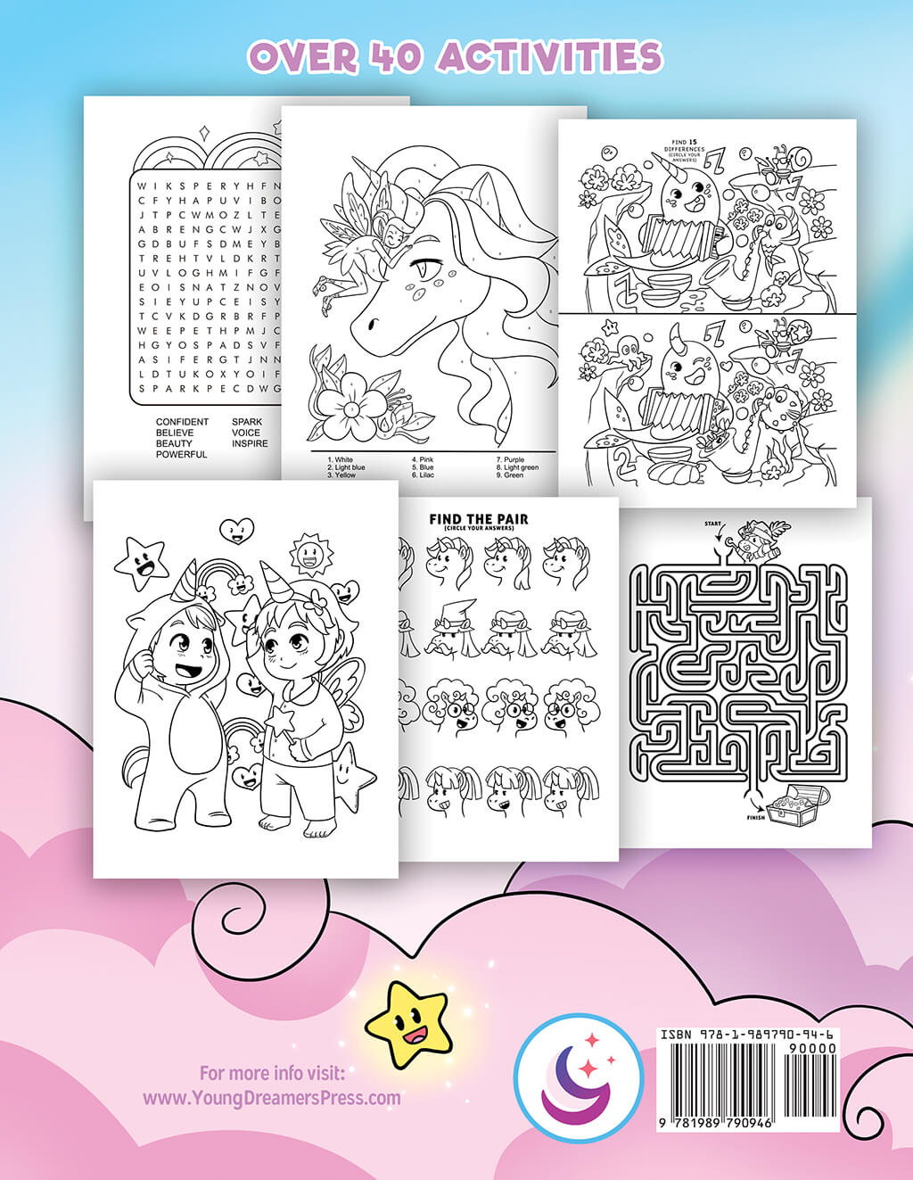 Back cover to the Unicorn activity book featuring sample pages showcasing word search, color by number, spot the difference, coloring page, and maze