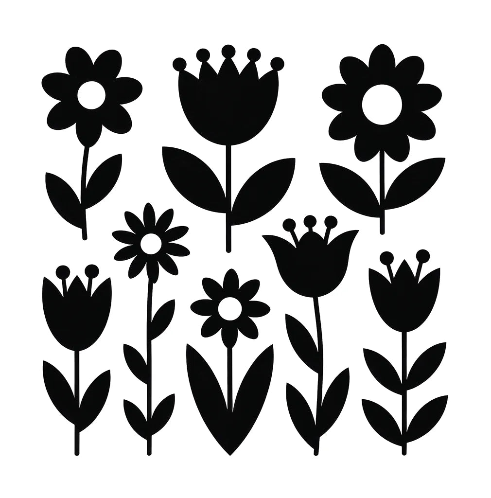 Black floral silhouettes on a white background
