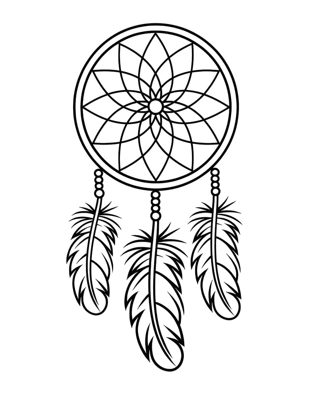 Line art drawing of a dreamcatcher with a circular web and three large feathers hanging below, designed for children to color.