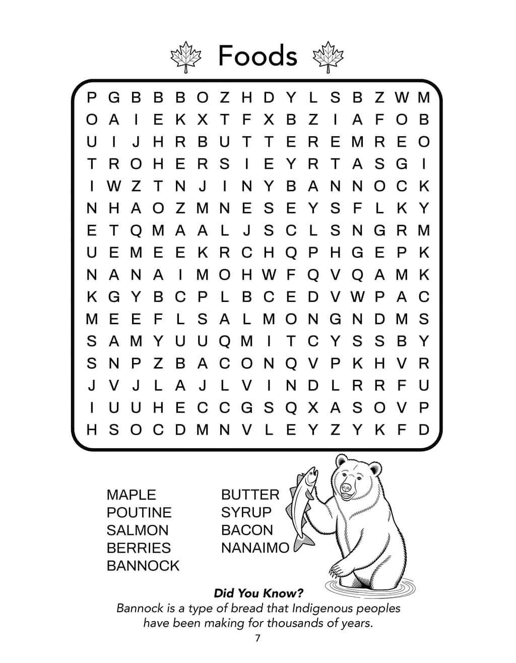 Word search puzzle titled “Foods” with Canadian-themed food words such as maple, poutine, bannock, and salmon. Includes a bear holding a fish and a fun fact about bannock bread at the bottom.