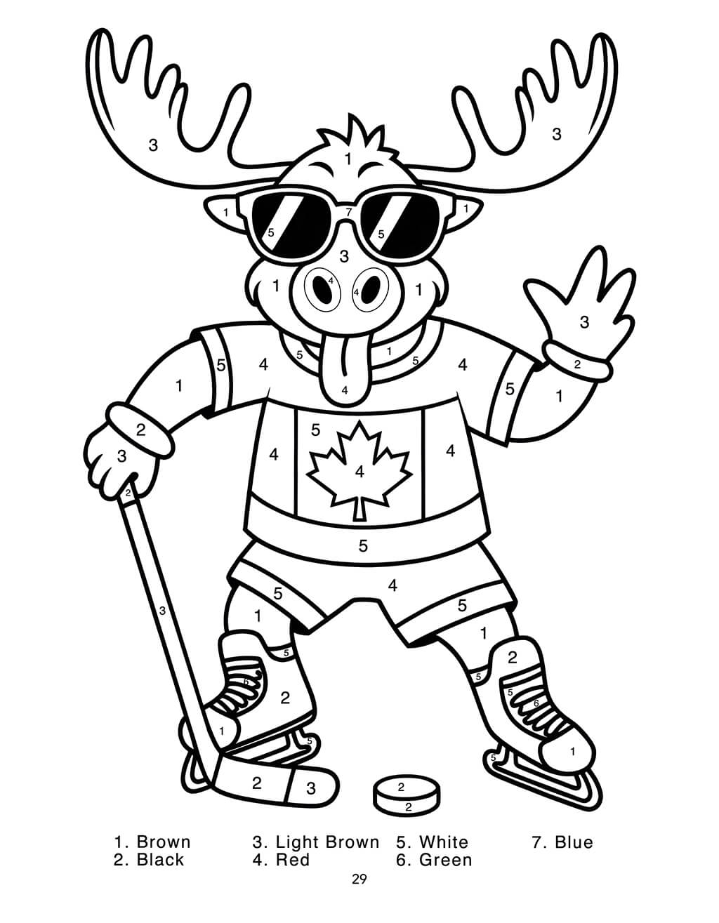 Colour-by-number activity featuring a cartoon moose playing hockey. The moose wears sunglasses and a shirt with a maple leaf. Numbered sections correspond to a key with seven colors.