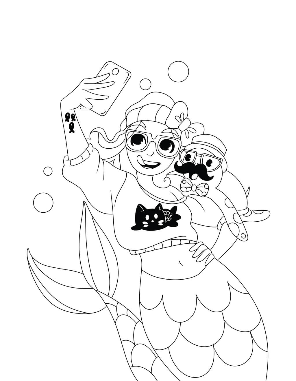 Mermaid taking selfie coloring page for kids