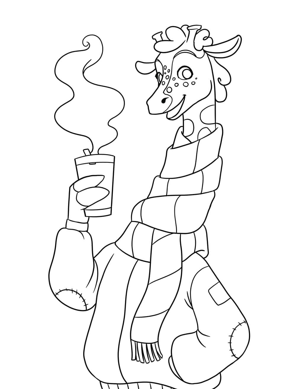 Giraffe with scarf and hot chocolate coloring page