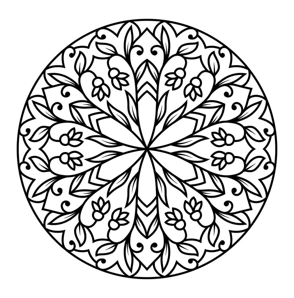 Floral mandala coloring page with flower petals and tulips