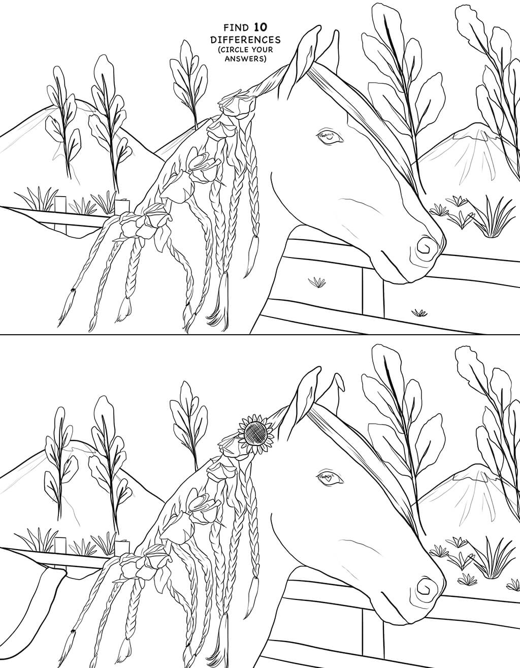 Horse next to fence spot the difference puzzle