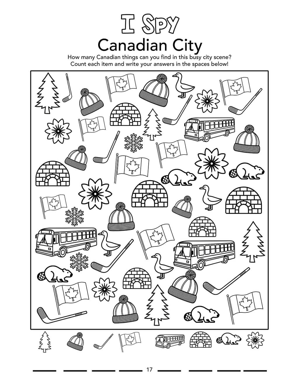 I Spy activity page with a busy black-and-white illustration of a Canadian city. Kids are asked to count and identify items like beavers, igloos, buses, maple leaf flags, and hockey sticks.