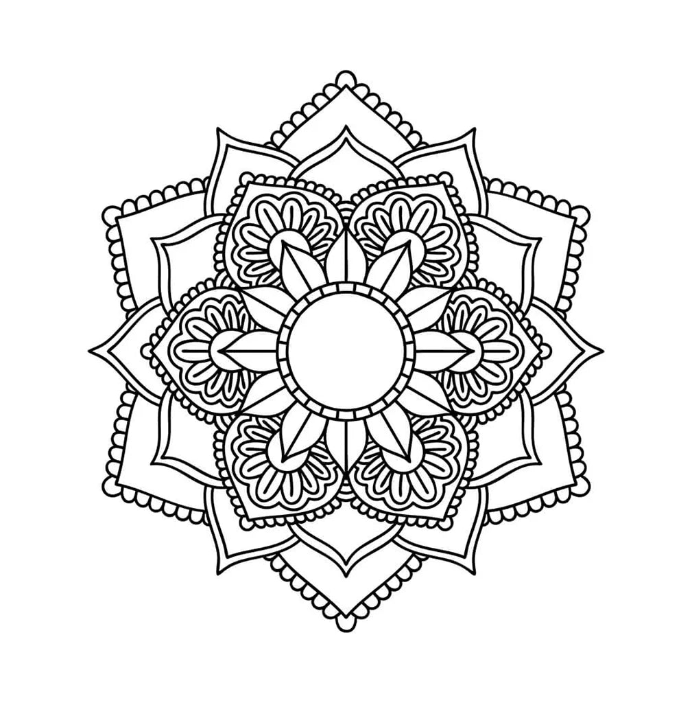 Mandala de flor de loto para colorear con pétalos en capas y borde punteado