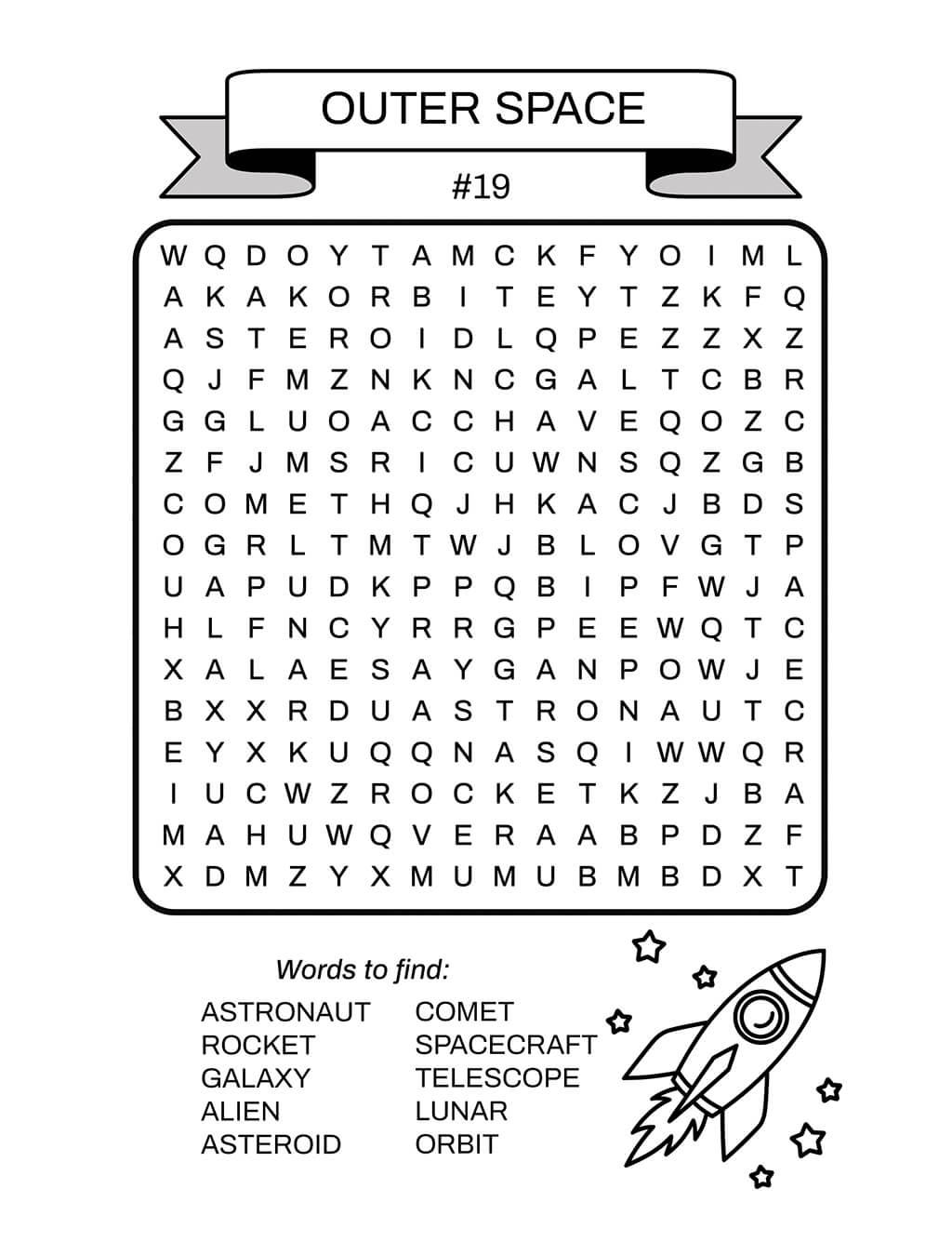 Outer Space word search #19 for kids 6-8 with astronomy vocabulary including astronaut, rocket, and galaxy. Includes rocket ship illustration for coloring, perfect for young space enthusiasts.