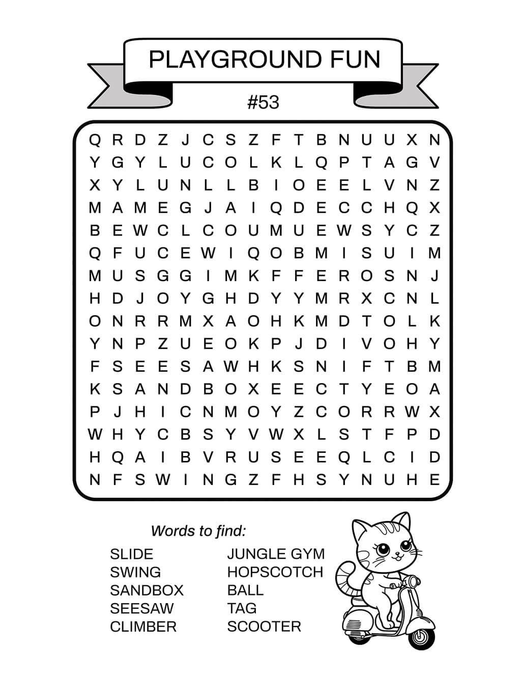 Playground Fun word search #53 for children ages 6-8 with words like slide, swing, and sandbox to discover. Features a cat on scooter illustration perfect for coloring after completing the puzzle.