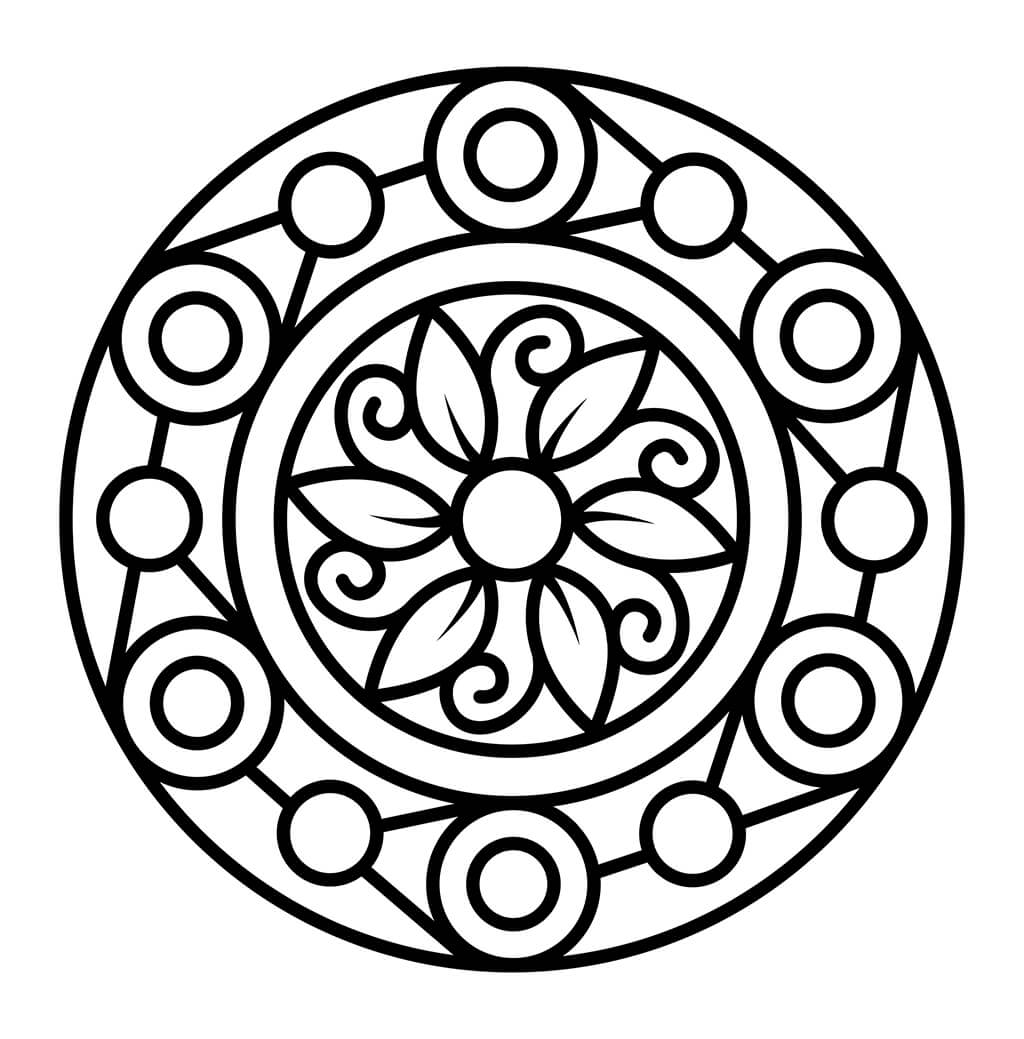 Simple mandala coloring page with circles and flower petals in a thick outline