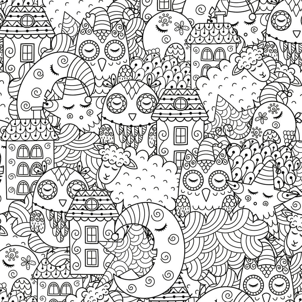 Whimsical kids coloring page featuring owls, moons, stars, houses all in the state of sleeping