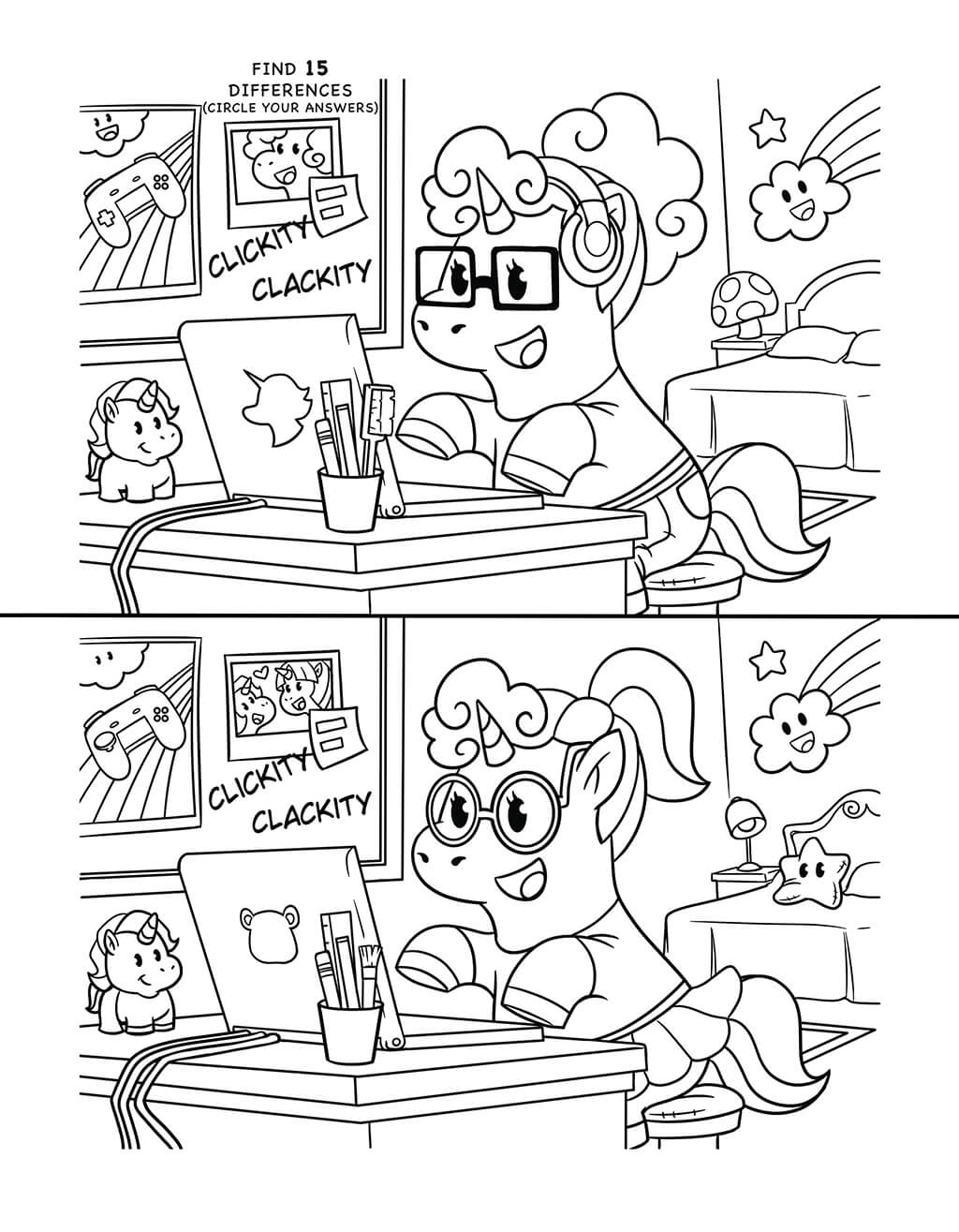 Unicorn with glasses at computer desk spot the difference puzzle