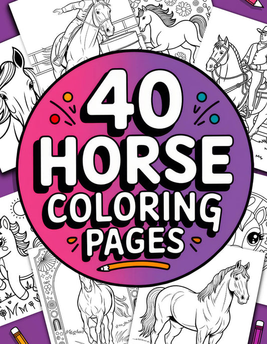 A circular pin design featuring '40 HORSE COLORING PAGES' in playful text. At the center is a partially colored horse outline with bright purple, teal, orange, and magenta details. Behind it, several black and white horse coloring pages fan out showing different poses (galloping, standing, grazing). The background has a colorful gradient with small pencil icons decorating the edges. This promotional image showcases a variety of horse coloring sheets available in the collection.