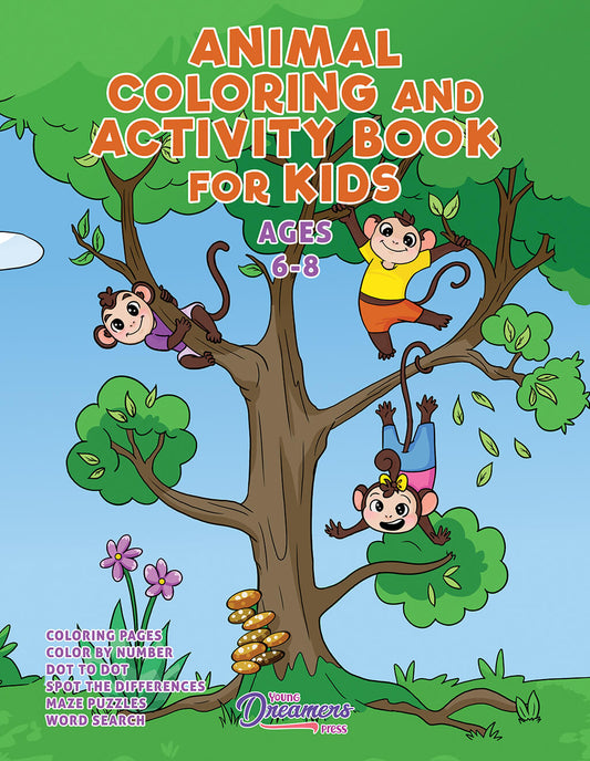 Animal Coloring Activity book cover featuring monkeys playing in large tree