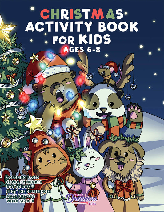 Christmas activity book ages 6-8 book cover featuring woodland animals in Christmas attire along with Xmas tree