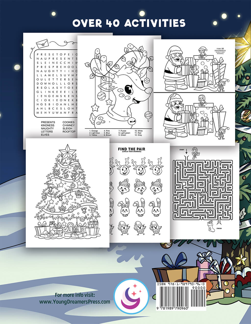 Christmas activity book back cover showcasing samples pages of word search, color by number, spot the difference, coloring page, find the pair and maze