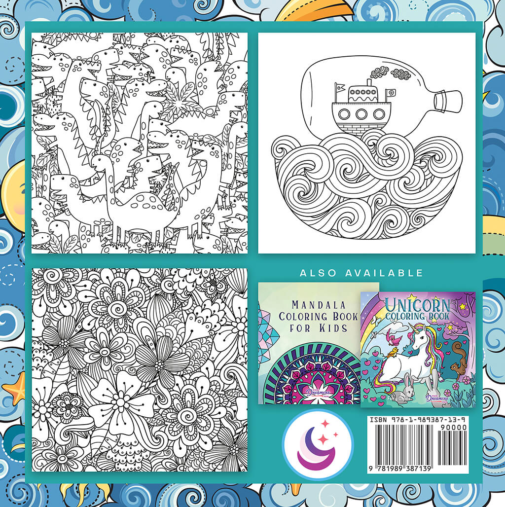 Cute and playful rear book cover featuring 3 preview kids coloring pages