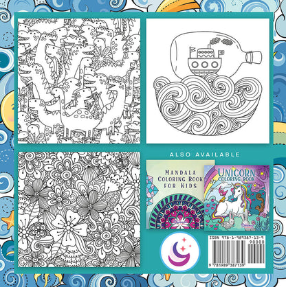 Cute and playful rear book cover featuring 3 preview kids coloring pages