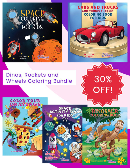 Dinos, Rockets & Wheels Coloring Bundle