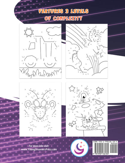 Back cover to Dot to dot book for kids featuring sample pages