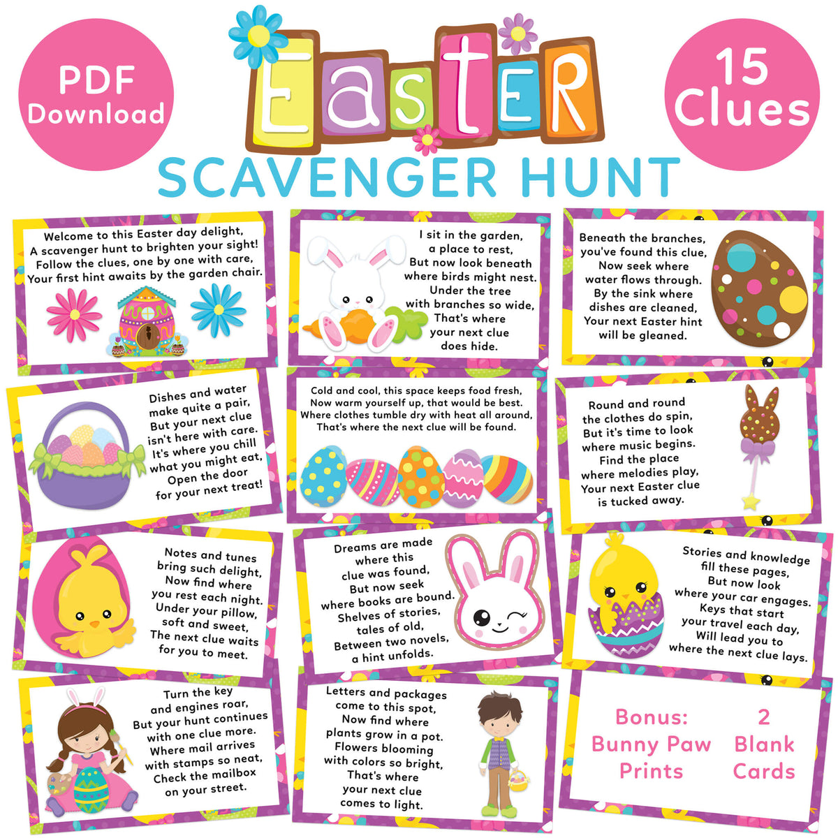 Easter Card Riddles Easter Scavenger Hunt - 15 Rhyming Riddle Cards for Family Fun