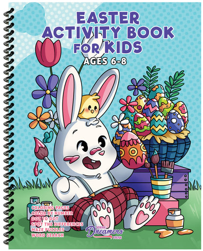 Easter bunny painting eggs against a blue spotted background. Spiral bound book cover to an Easter Activity Book for Kids Ages 6-8