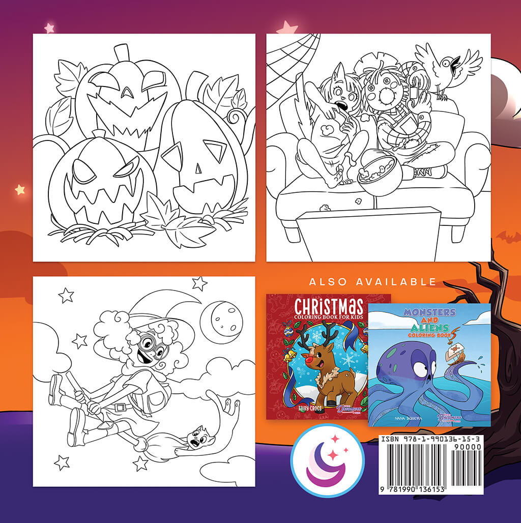 Back cover to Halloween coloring book featuring 3 preview images of witch, scarecrow and crow, pumpkins