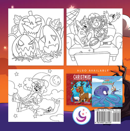 Back cover to Halloween coloring book featuring 3 preview images of witch, scarecrow and crow, pumpkins