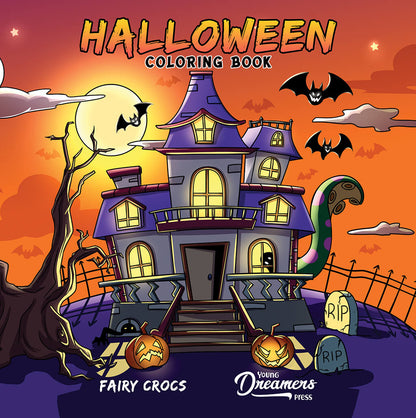 Halloween coloring book cover featuring haunted house, bats, spooky trees and pumpkins against an orange background