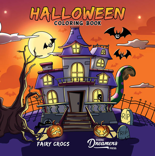 Halloween coloring book cover featuring haunted house, bats, spooky trees and pumpkins against an orange background