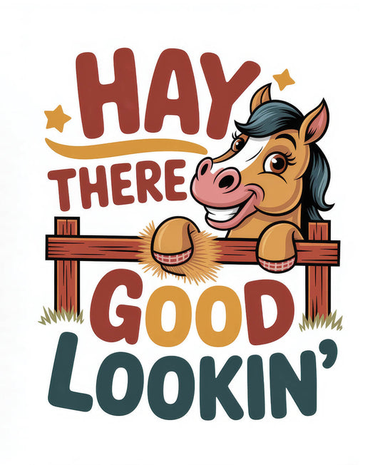 Hay There, Good Lookin' composition notebook cover featuring a cartoon horse with an exaggerated wink and confident smile peeking over a fence. The horse holds a bundle of hay, emphasizing the pun. The design uses warm farm colors of barn red, golden yellow, and sky blue with a checkered bandana detail. Bouncy text reads 'HAY THERE, GOOD LOOKIN'' with 'HAY' emphasized, creating a charming, playful appearance.