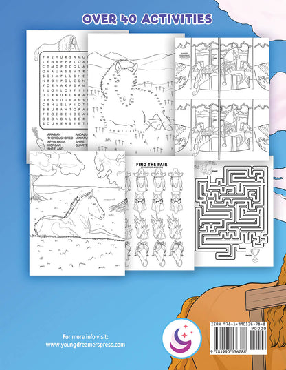 Back cover to Horse activity book showcasing word search, dot to dot, spot the difference, coloring page, and maze