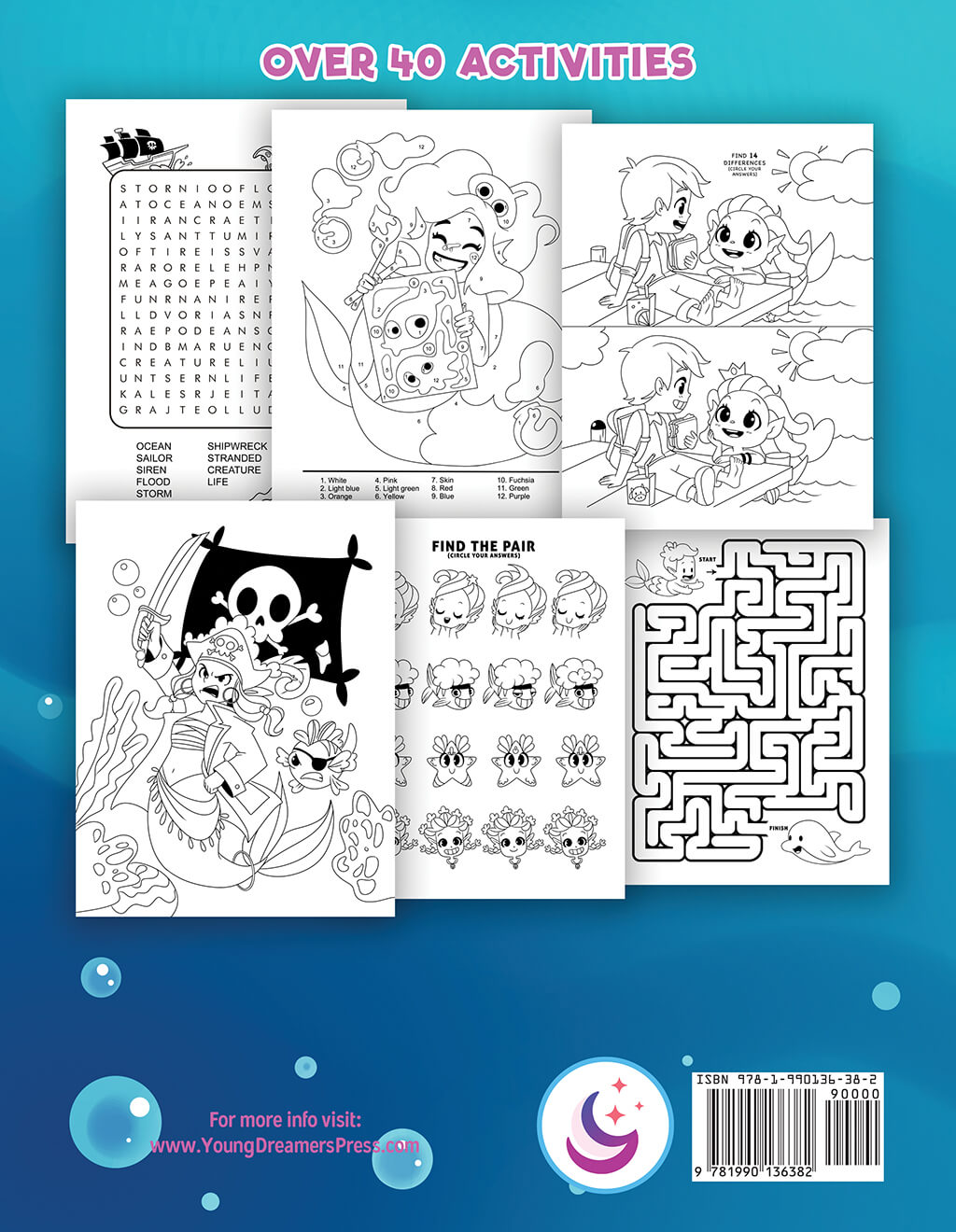 Back cover to Mermaid activity book showcasing word search, color by number, spot the difference, coloring page, and maze puzzles