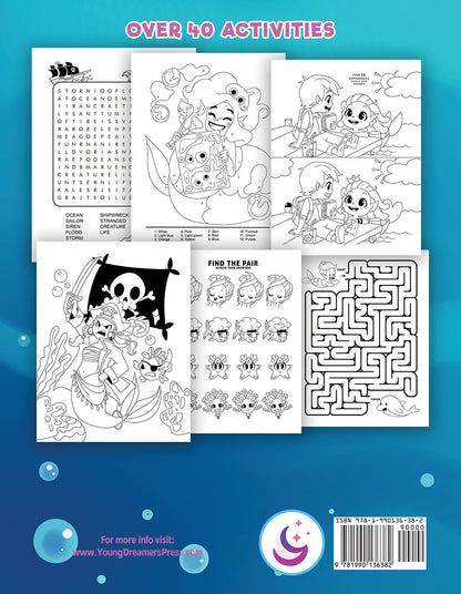 Back cover to Mermaid activity book showcasing word search, color by number, spot the difference, coloring page, and maze puzzles