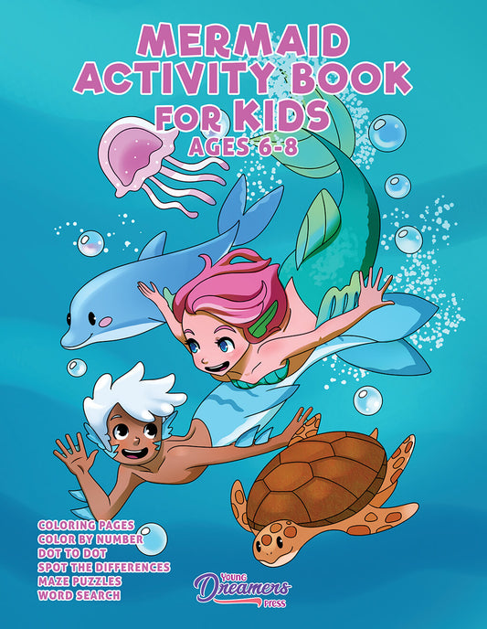 Mermaid activity book cover featuring two swimming mermaids and marine life