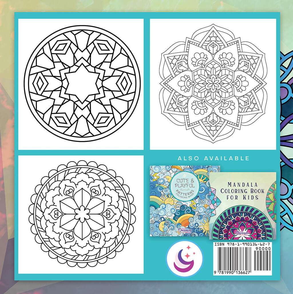 Mindful Mandalas Coloring Book for Kids back cover featuring 3 preview coloring images