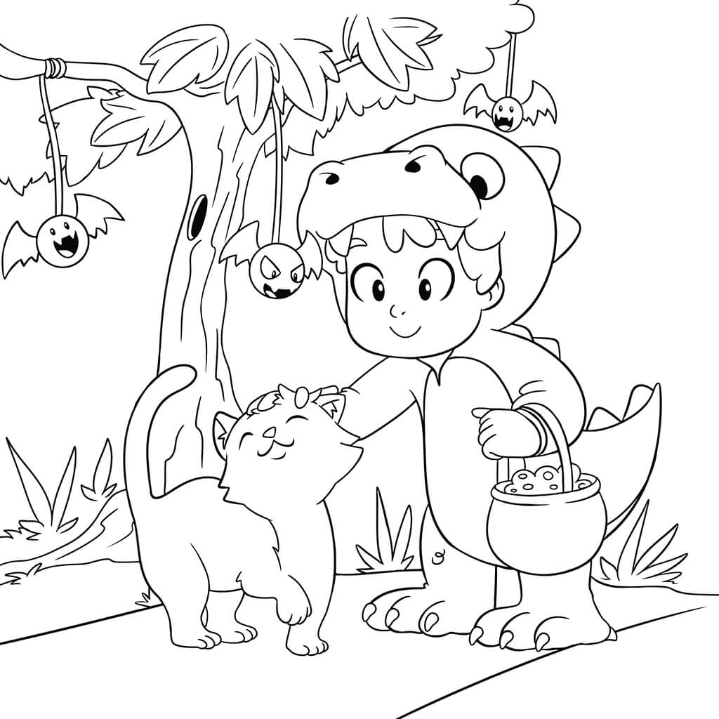 Un niño pequeño vestido de dinosaurio para Halloween acariciando un gato en la acera.