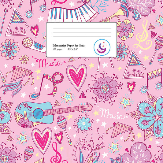 Pink music manuscript notebook cover for kids featuring colorful illustrations of guitars, piano keys, music notes, hearts, stars, and flowers. Label shows 'Manuscript Paper for Kids, 107 pages, 8.5" x 8.5"'.