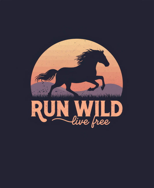 Run Wild, Live Free composition notebook cover featuring a dynamic silhouette of a wild horse in full gallop with flowing mane and tail. Set against a deep navy background transitioning to sunset oranges and purples with minimal landscape elements. Bold, slightly distressed text reads 'RUN WILD, LIVE FREE' along the bottom, capturing the spirit of freedom and natural power.