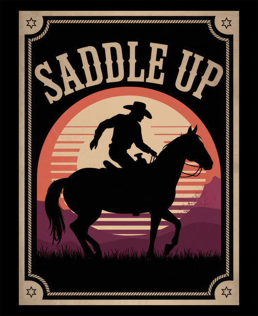 Saddle Up composition notebook cover featuring a dynamic silhouette of a cowboy mounting a horse in mid-action. Set against a vibrant sunset backdrop with oranges, reds, and purples. Rustic, weathered text reads 'SADDLE UP' arching over the top, framed with subtle Western elements like rope borders or horseshoes, capturing that exciting moment before the ride begins.