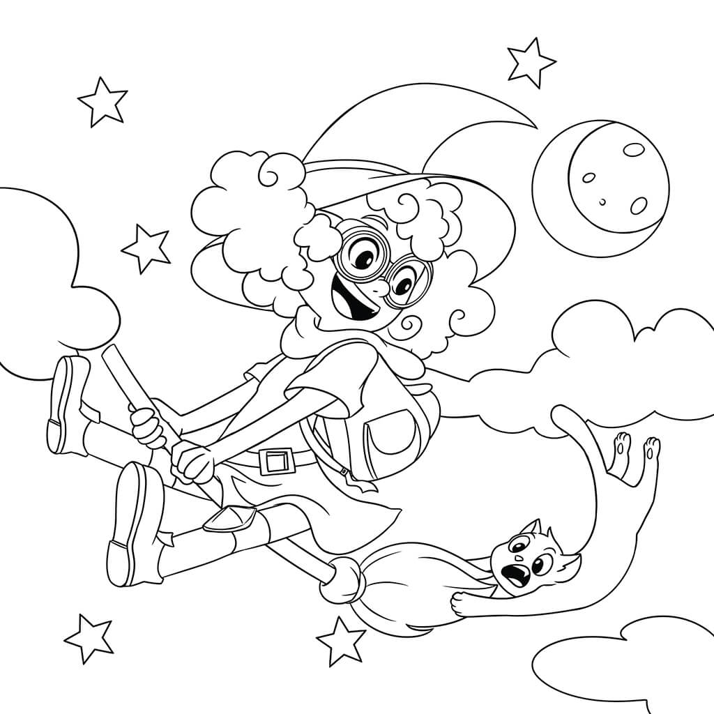 Une sorcière souriante chevauchant un balai avec un chat volant sous un ciel étoilé.