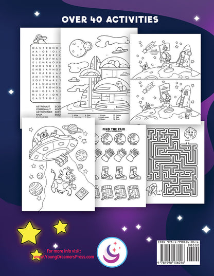 Back cover to Space activity book showcasing sample pages of word search, color by number, spot the difference, coloring page, and maze