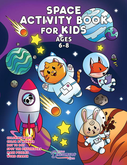 Space activity book cover featuring animals as astronauts against purple background with planets, stars, UFOs