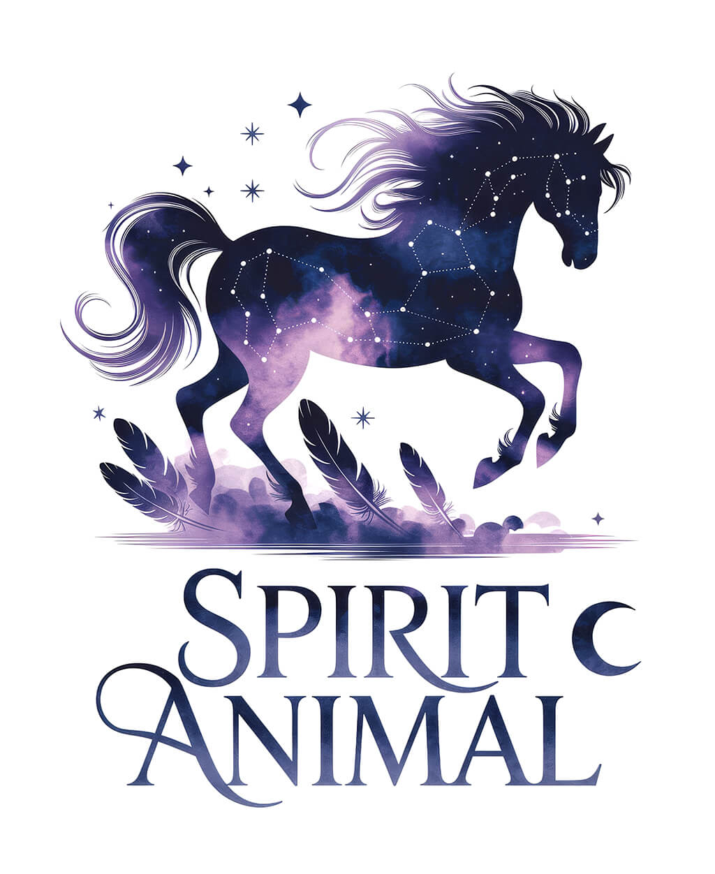 Spirit Animal composition notebook cover featuring a dreamlike horse silhouette rendered with flowing, smoky lines and constellation patterns. The design incorporates subtle spiritual elements against a deep background of night sky blues and purples with metallic accents. Elegant text reads 'SPIRIT ANIMAL,' creating an ethereal, mystical appearance that suggests the horse is emerging from or returning to another realm.